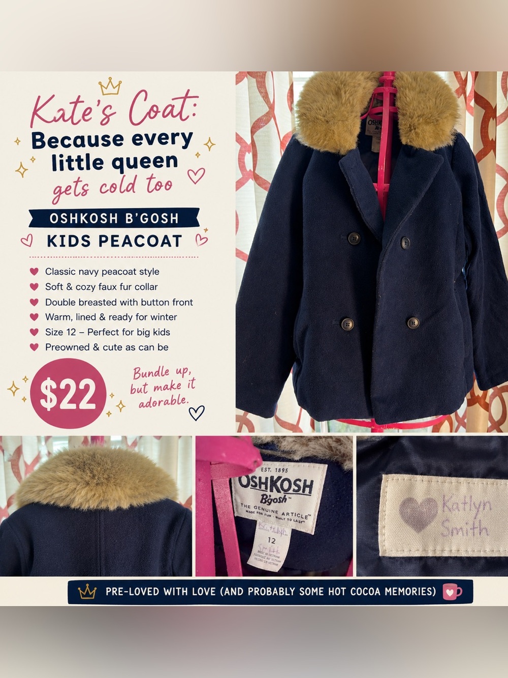 Kate’s Coat 👑 Because Every Little Queen Gets Cold | OshKosh Peacoat Size 12